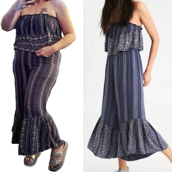 Japna Blue Striped Strapless Ruffle Top Boho Crop Flare Jumpsuit Large - Picture 3 of 10